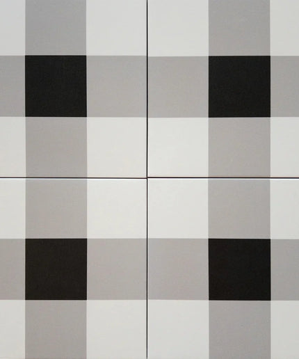 Gray and white plaid ceramic tiles with bold checkered pattern for floors or backsplash