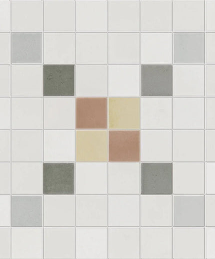 Pattern of small square tiles in various colors on a white background