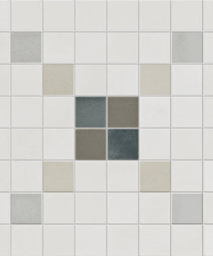 Pattern of square tiles in various shades of gray and white.