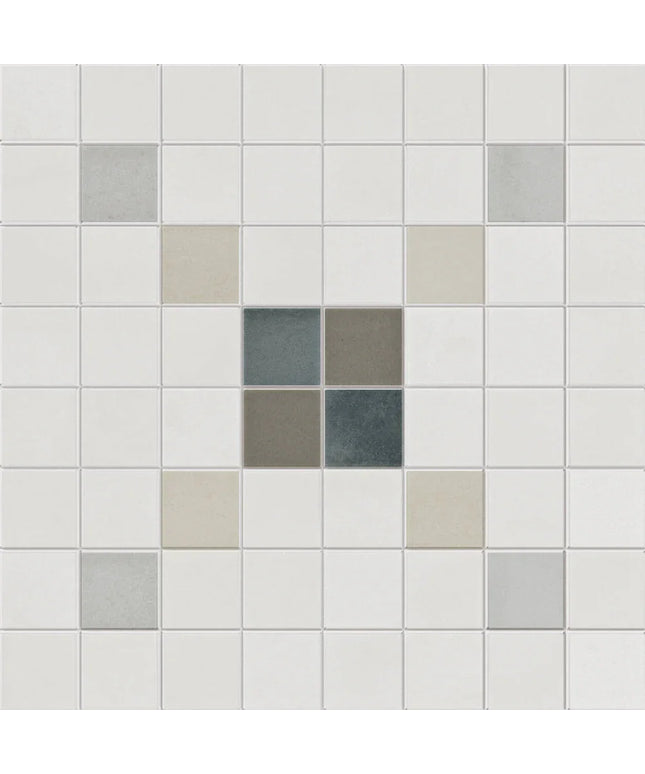 Pattern of square tiles in various shades of gray and white.