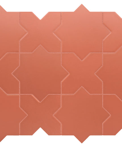 Terracotta-colored interlocking geometric mosaic tiles arranged in a grid pattern on a white background.