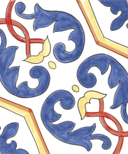 Decorative blue and yellow ceramic tile with red accents, Mediterranean pattern