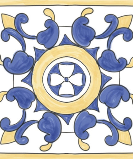 Blue and yellow Mediterranean ceramic tile with floral and geometric pattern