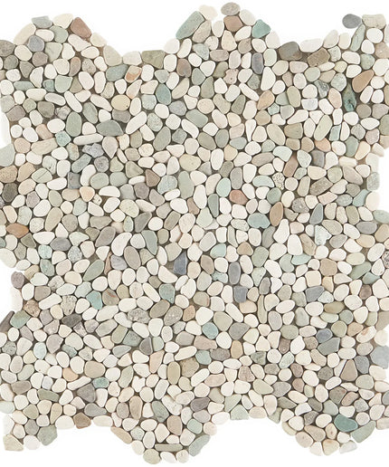Natural stone pebble micro tile mosaic with beige, white, and grey tones for bathrooms or showers