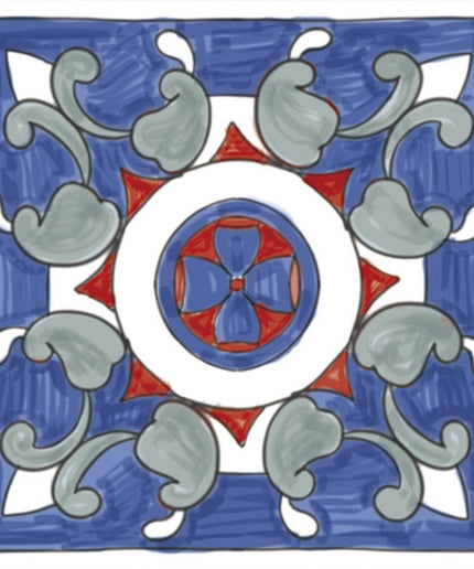 Mediterranean style ceramic tile with blue, red, and gray floral geometric pattern
