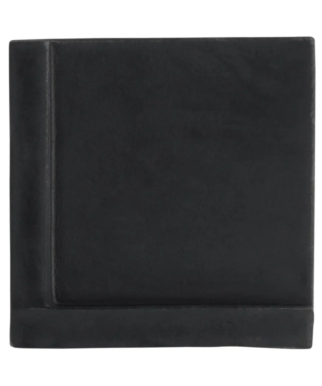 Black leather-bound album on a white background