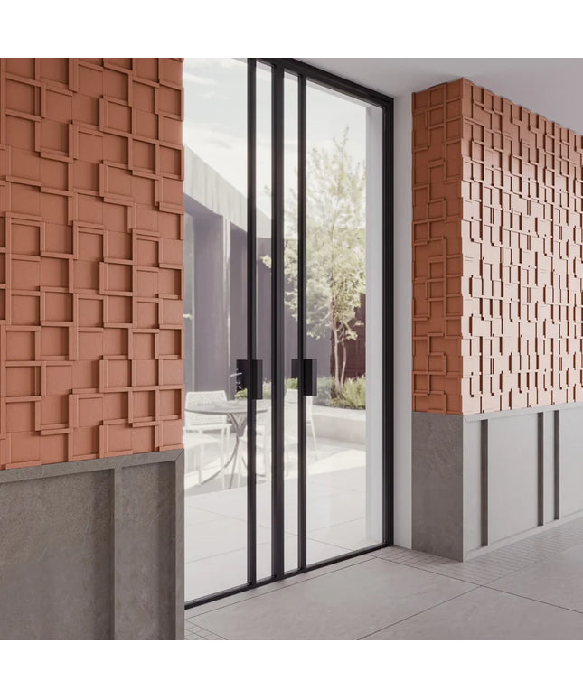 Modern architectural design with textured brick walls and glass doors.