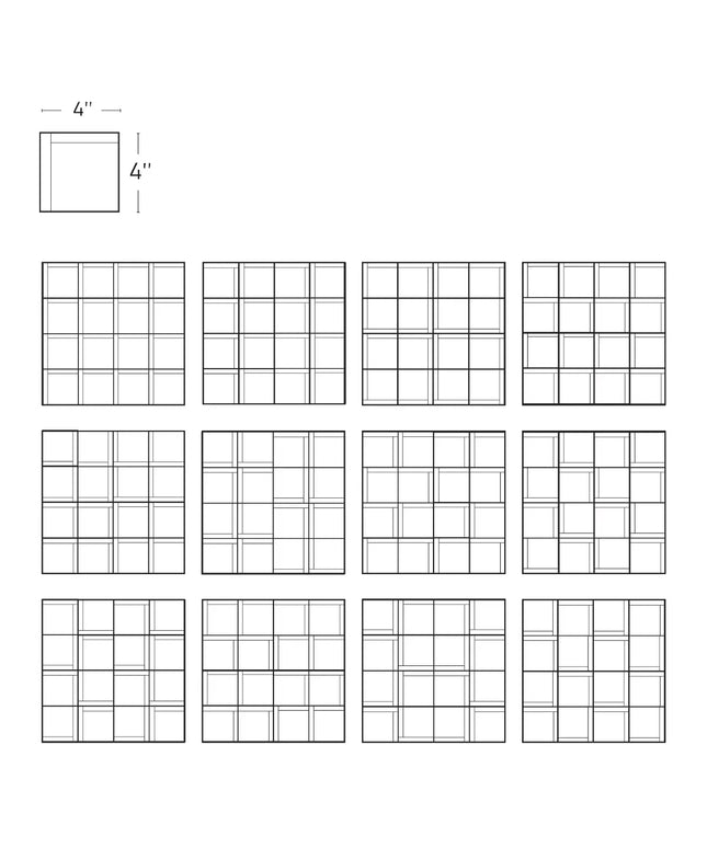 Grid of 16 smaller grid layouts with dimensions indicated