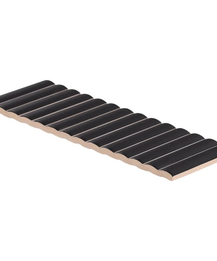Rectangular wooden shelf with black slats on a white background