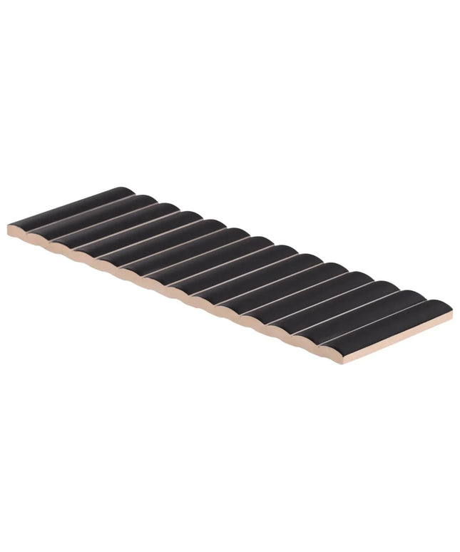 Rectangular wooden shelf with black slats on a white background