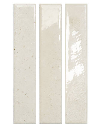 Three vertical rectangular ceramic subway tiles in a glossy off-white finish with subtle beige speckles and natural surface variation, shown side-by-side on a plain white background.