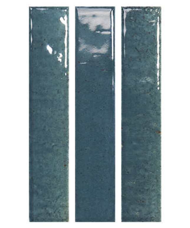 Three vertical rectangular ceramic tiles in a glossy teal-blue glaze with subtle speckling, shown side by side on a white background.