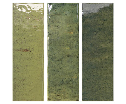 Three rectangular green stone samples with different textures and colors.