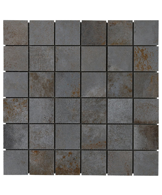 Mosaic pattern of square tiles with a rustic, weathered texture on a white background