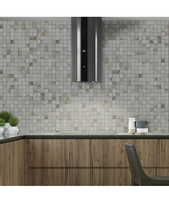 Modern kitchen with wooden cabinets, a tiled backsplash, and a Falmec exhaust hood.