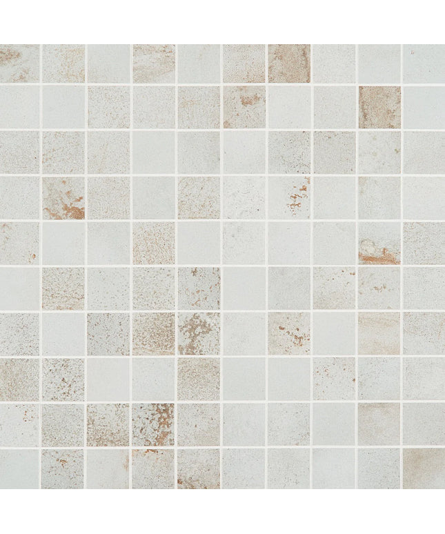 Close-up of a grid of square tiles with a neutral color palette