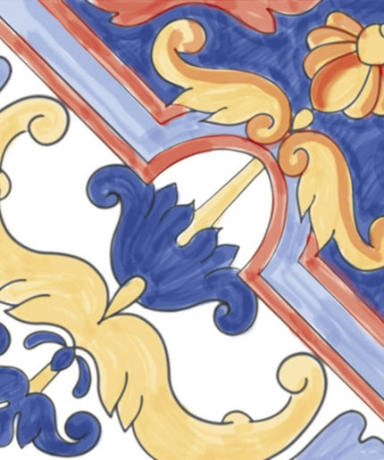 Hand-painted ceramic tile with blue, yellow, and red floral scroll pattern, 6x6 design.