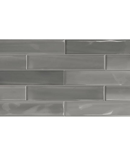 Glossy grey 5x12 inch subway tile, brick pattern, ideal for kitchen backsplash or bathroom walls