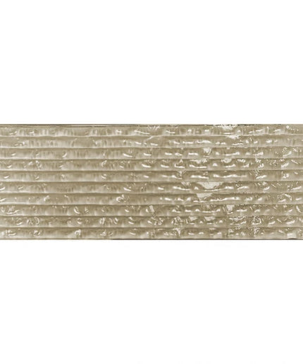 Beige 3x18 inch textured glass tile with horizontal ridges for backsplash or bathroom decor