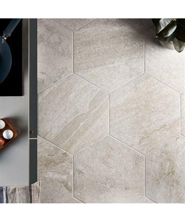 hexagon porcelain tile floor smoke white