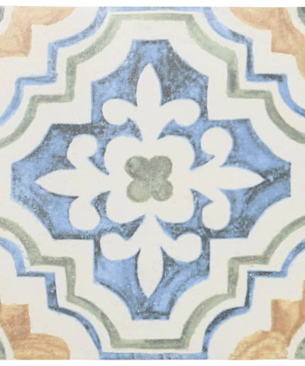 Colorful patterned ceramic tile with blue, white, and green floral geometric design