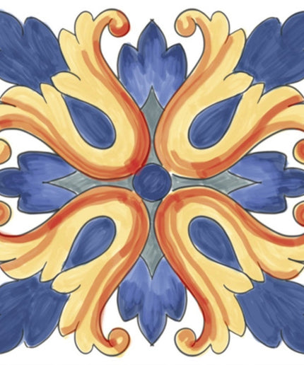 6x6 ceramic tile with blue, yellow, and orange Mediterranean floral pattern