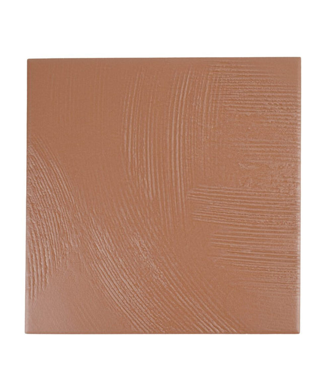 Matte terra cotta porcelain tile with subtle textured brushstroke pattern, 7x7 inch