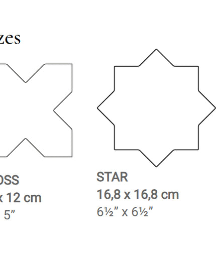 A sizes chart showing two outline shapes with dimensions: a cross-shaped form labeled CROSS 12 x 12 cm (5 x 5 inches) and a star-shaped form labeled STAR 16,8 x 16,8 cm (6 1/2 x 6 1/2 inches) on a white background.