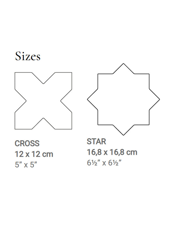 A sizes chart showing two outline shapes with dimensions: a cross-shaped form labeled CROSS 12 x 12 cm (5 x 5 inches) and a star-shaped form labeled STAR 16,8 x 16,8 cm (6 1/2 x 6 1/2 inches) on a white background.