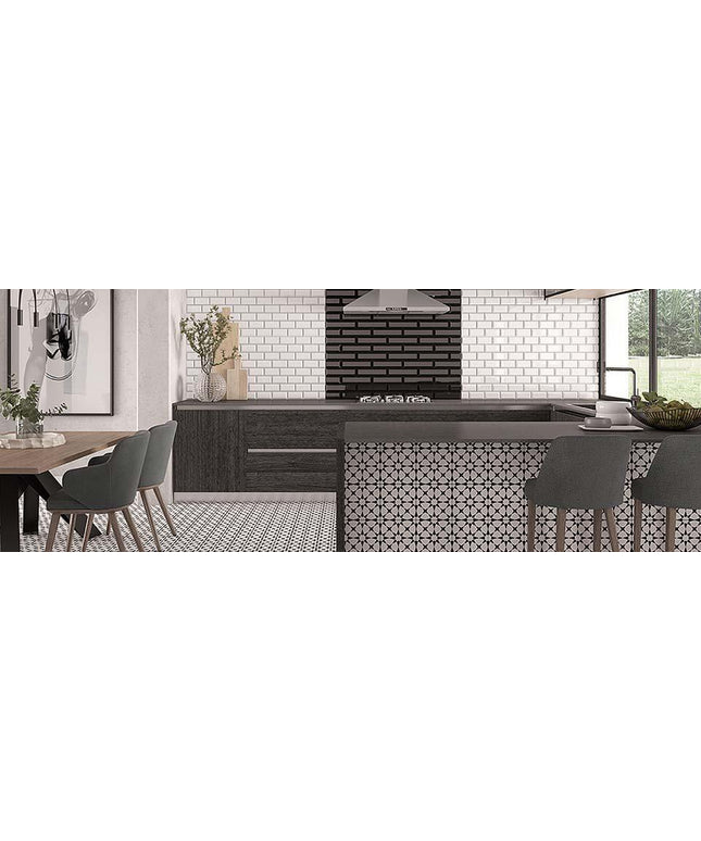 Modern kitchen with black and white decor, including a dining table and chairs.