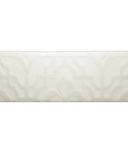 Glossy white rectangular decorative tile with subtle raised pattern for backsplash or bathroom