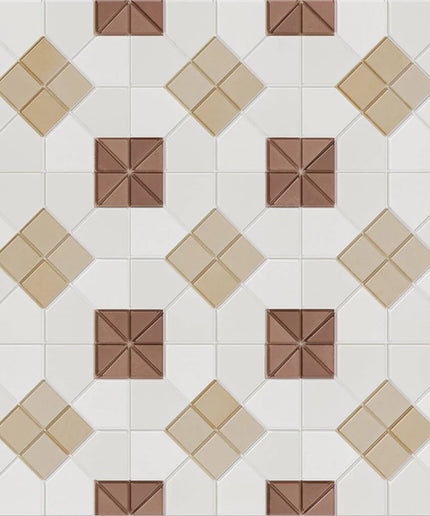 Geometric 11x11 mosaic tile with brown and beige diamond pattern, ideal for floors or backsplash.