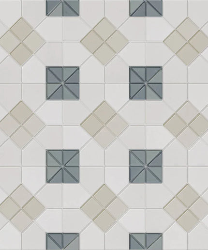 Geometric patterned ceramic tile with gray, beige, and white squares for floor or backsplash