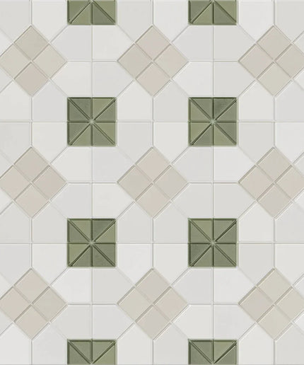 Geometric green and beige mosaic tile pattern, ideal for kitchen backsplashes or bathroom walls.