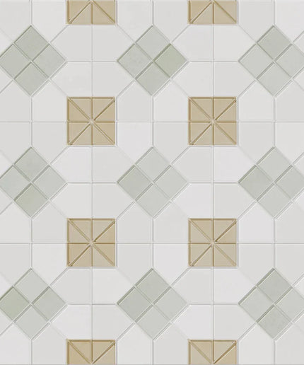Geometric mosaic tile with beige, white, and light gray pattern, ideal for kitchen or bathroom.
