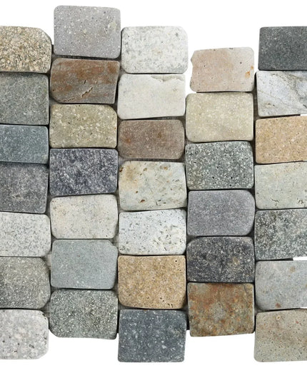Mosaic pattern of square stone tiles in various colors on a white background