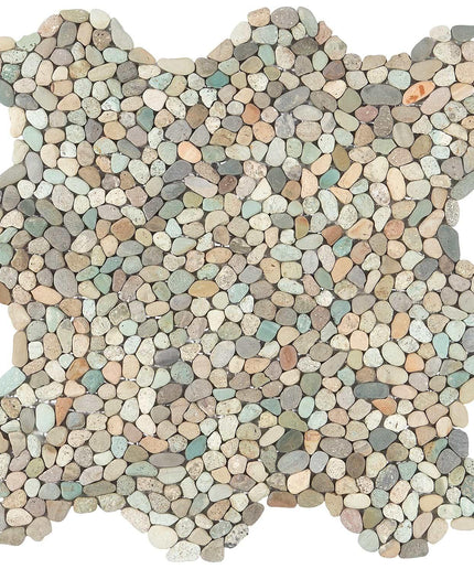 Natural pebble stone tile sheet with mixed earth tones for bathroom or shower floor