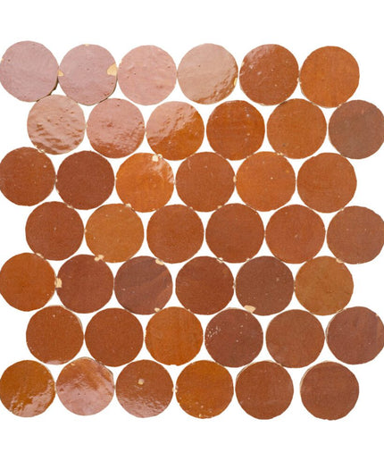 sundried clay round tiles in a grid pattern, terracotta color, for backsplash or flooring