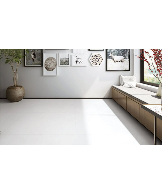 super white floor tiles modern living room with a window seat, decorative pillows, and framed pictures on the wall.