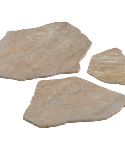 Three natural stone slabs on a white background