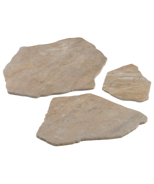 Three natural stone slabs on a white background