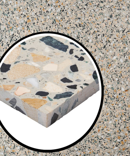 Close-up of a terrazzo patterned surface with a magnified inset showing texture details.