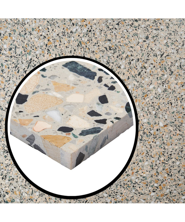 Close-up of a terrazzo patterned surface with a magnified inset showing texture details.