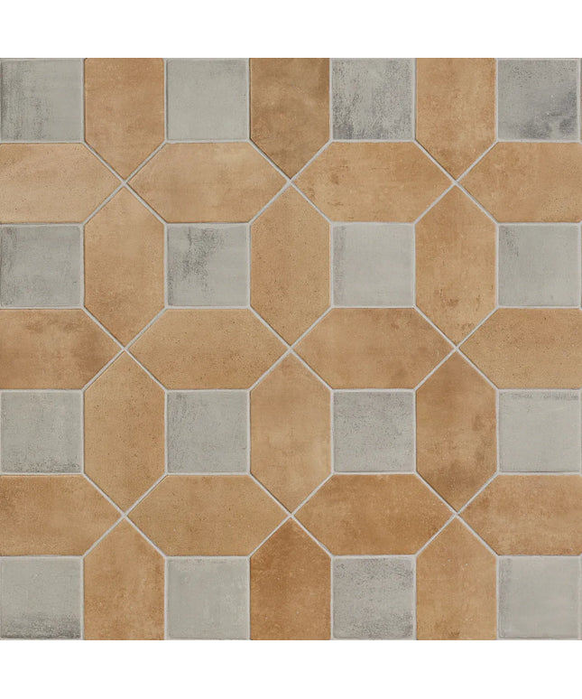 Hexagonal tiles with a mix of brown and gray colors on a tiled wall.