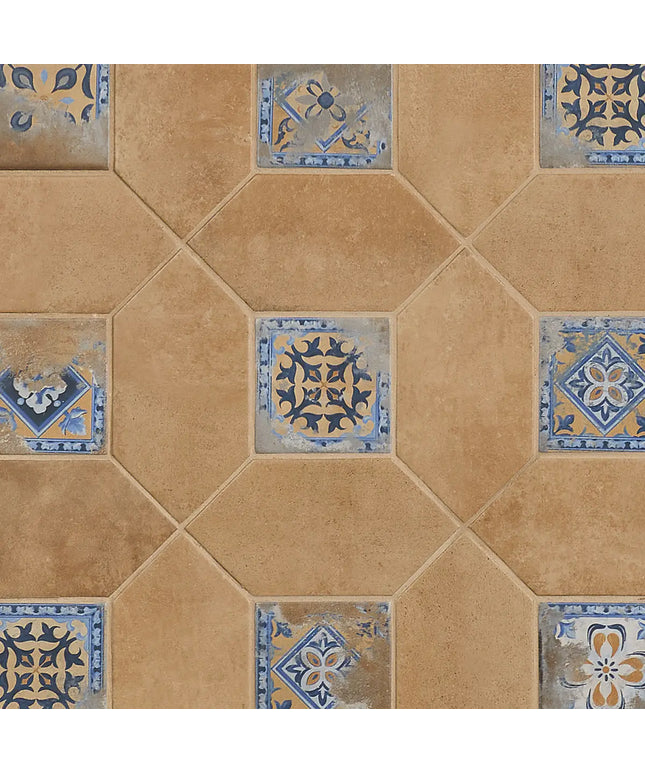 Hexagonal tiles with a patterned border on a beige background