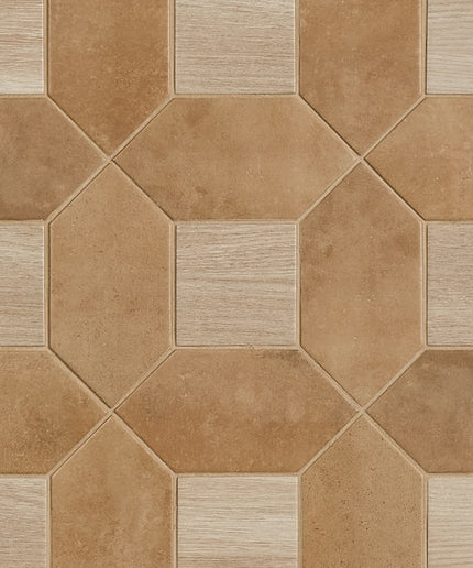 Hexagonal tiles with a brown and beige pattern