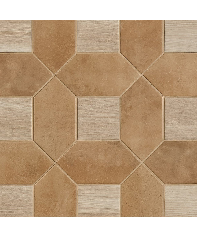 Hexagonal tiles with a brown and beige pattern