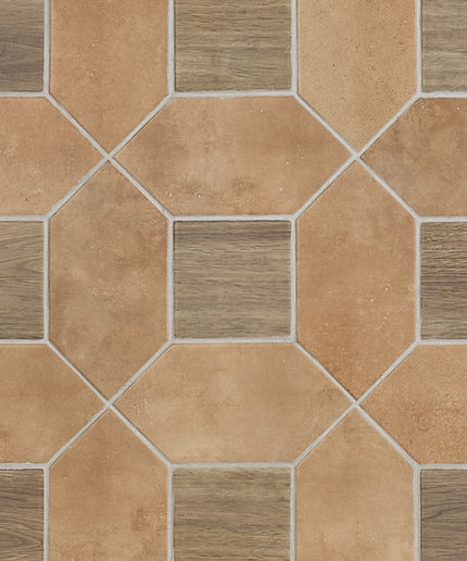 Hexagonal tiles with a brown and beige pattern
