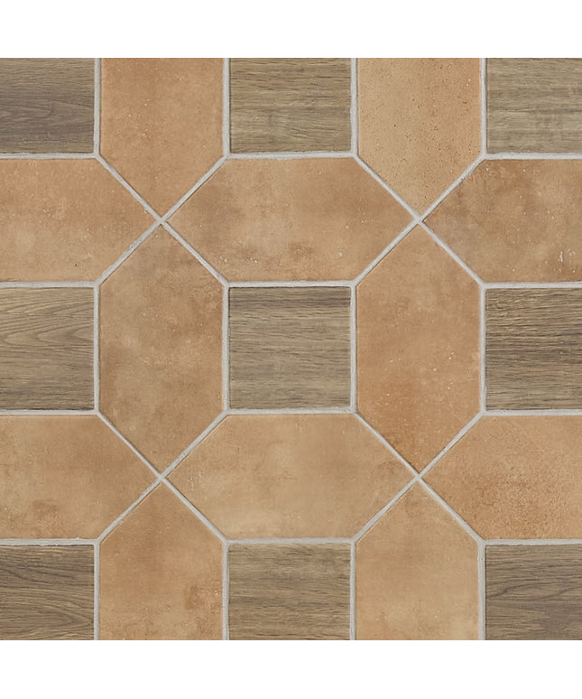 Hexagonal tiles with a brown and beige pattern