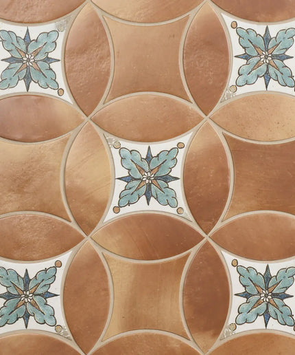 Patterned tiles with brown and blue decorative elements